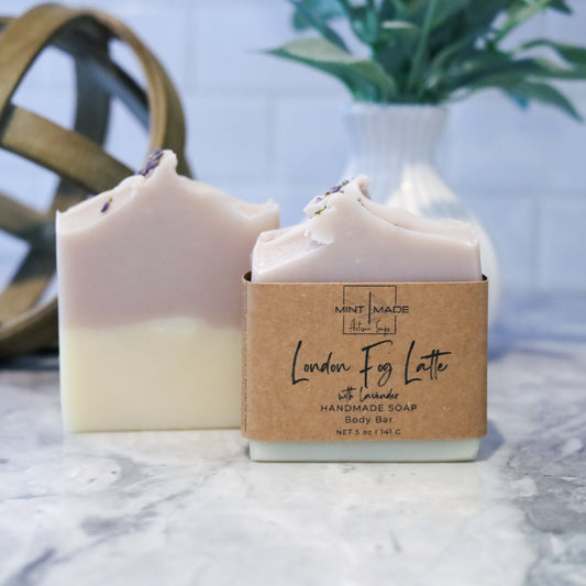 London Fog Latte with lavender handmade soap front view